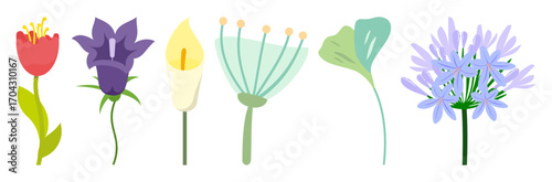 Delicate floral arrangement of stylized flowers, perfect for greeting cards, invitations, and springtime themed designs with a touch of nature.