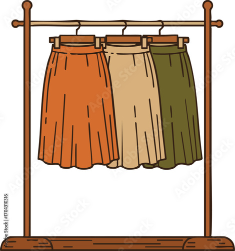 Skirts in autumn colors orange beige and olive hanging on wooden clothes rack vector illustration 