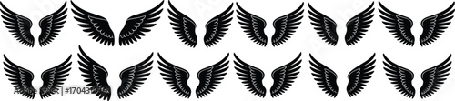 A set of various pairs of detailed bird and angel wings, featuring different shapes and feather designs in silhouette form.