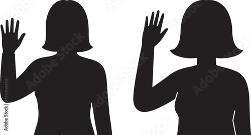 Two women raising hands silhouette