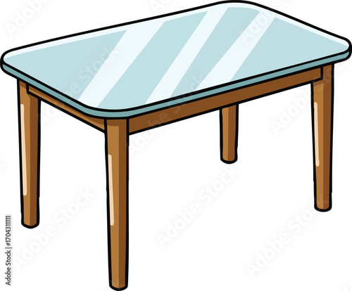 Glass top wooden table furniture design with reflective surface and four legs vector illustration 