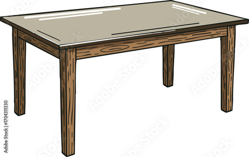 Wooden dining table with beige glass top simple furniture design vector illustration 
