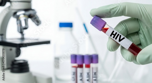 Gloved hand holds blood test tube labeled hiv next to microscope in laboratory