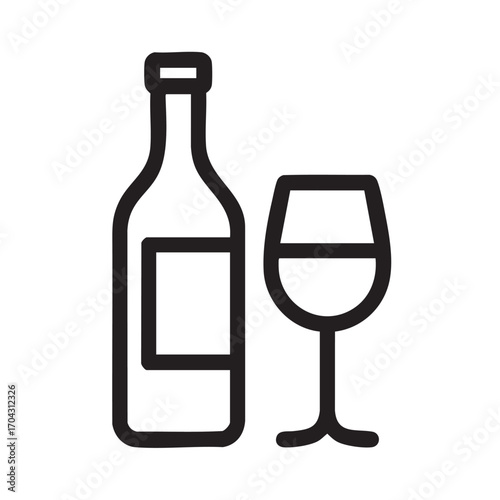 Simple line art icon of a wine bottle and a wine glass ready for serving or celebration