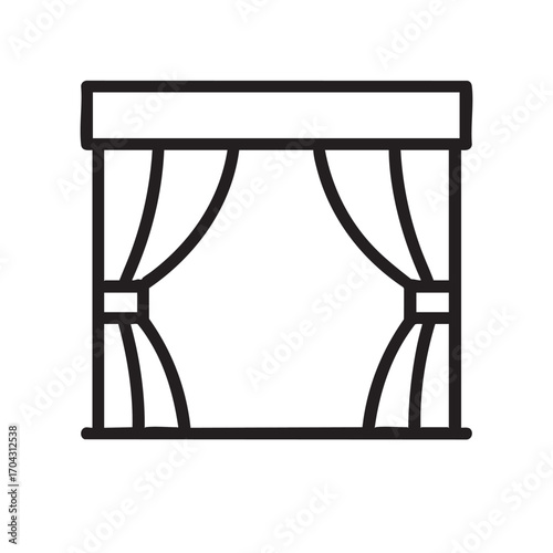 Simple outline drawing of stage curtains opening to reveal an empty space or backdrop for performance