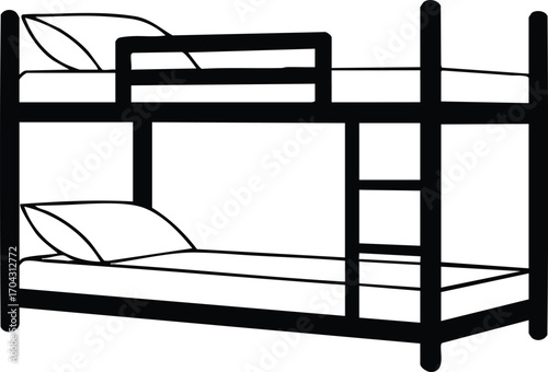 Bunk bed frame with pillows simple black silhouette vector illustration for bedroom furniture design 