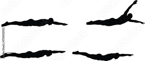 "Swimming silhouettes collection, freestyle stroke positions, athlete swimming motion, sports vector design, black swimmer poses, professional swim style, fitness training art"