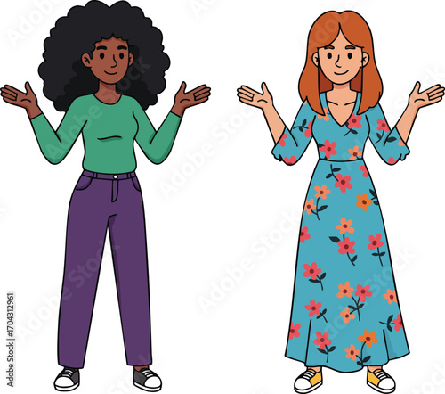 Diverse women wearing casual and floral dresses standing with open arms in vector illustration 