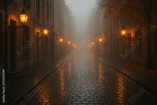 Foggy Autumn Street With Lanterns