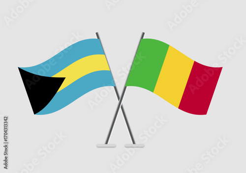 Bahamas and Mali vector flags with curved waving graphics