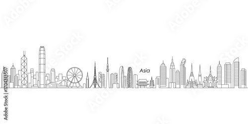 Minimalistic black and white vector illustration of continuous city skyline with iconic landmarks of Asia including Bangkok Thailand, Hong Kong China, Tokyo Japan