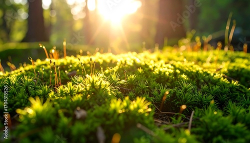 Sunlight filters through forest floor moss