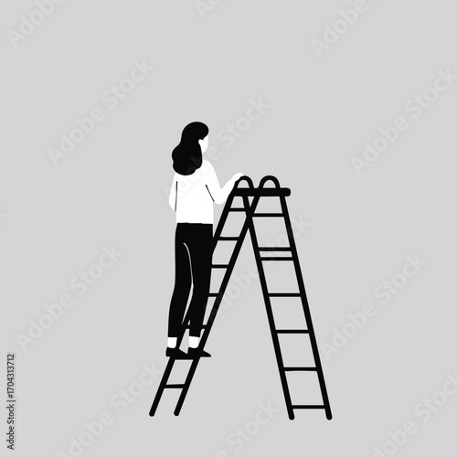 Woman climbing step ladder in black and white minimalist vector illustration for lifestyle and leisure 