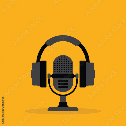 Podcast. Podcasting headphones and microphone
