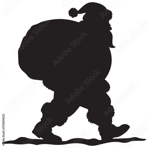 Silhouette of santa claus walking with a large sack of gifts