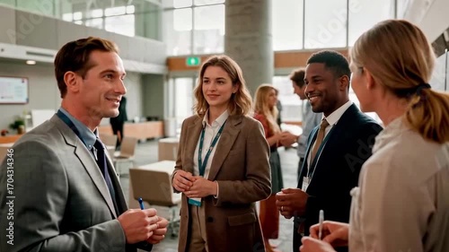 Diverse group of professionals networking at a modern conference. Collaborative meeting, business event, seminar, teamwork.