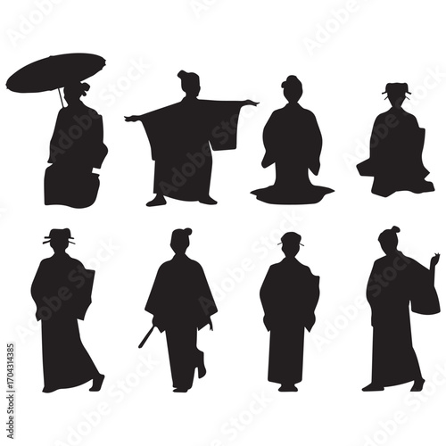 Silhouettes of people in traditional japanese attire
