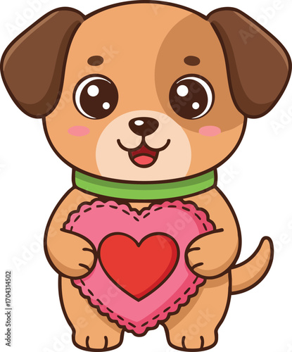 Cute brown puppy dog holding pink heart with red center cartoon vector illustration for love and affection designs 