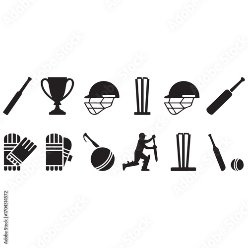 Collection of black silhouette cricket sports equipment and player icons
