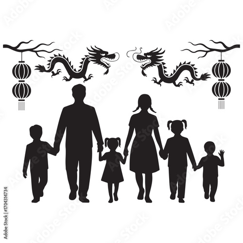 Family silhouette with dragons and lanterns celebrating chinese new year
