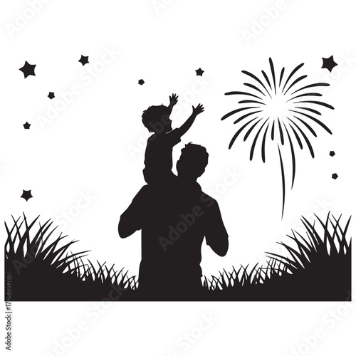 Father and child silhouette watching fireworks celebration