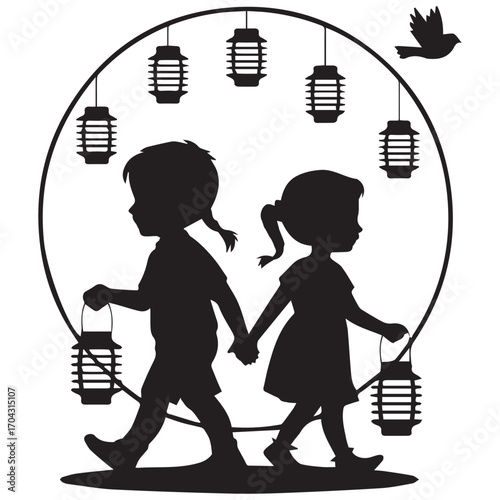 Children walking hand in hand under lanterns at night
