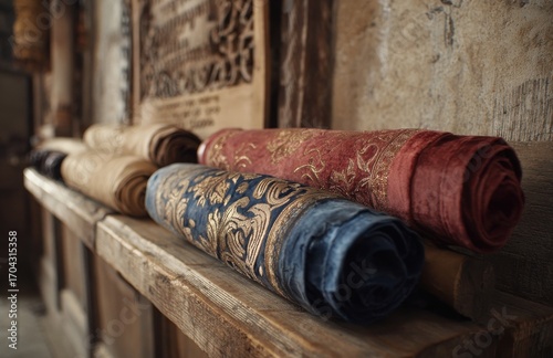 Wallpaper Mural Colorful rolled fabrics resting on wooden shelf with ornate background Torontodigital.ca