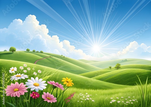 A serene, sunny day in a grassy, hilly landscape. The foreground is dominated by a field of colorful wildflowers, including white, pink, and yellow daisies. In the background, rolling green hills.