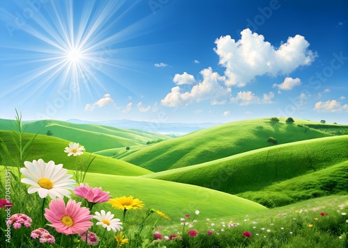 Bright landscape with rolling green hills, a vivid blue sky, scattered white clouds, and sunlight streaming from the top left. Foreground filled with colorful blooming flowers in pink, white, yellow.