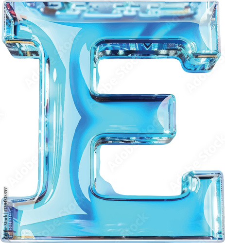 Translucent blue letter E with abstract internal patterns and light effects alphabet typography