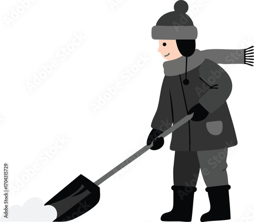 Child in winter clothing shoveling snow with scarf and boots outdoor activity vector illustration 