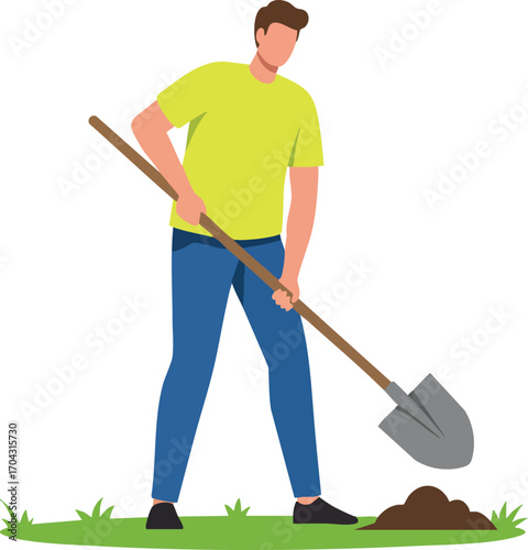 Man digging soil with shovel on green grass ground for gardening or construction work vector illustration 