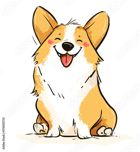 Hand-drawn vector illustration of a cute corgi dog sitting happily, clean white background