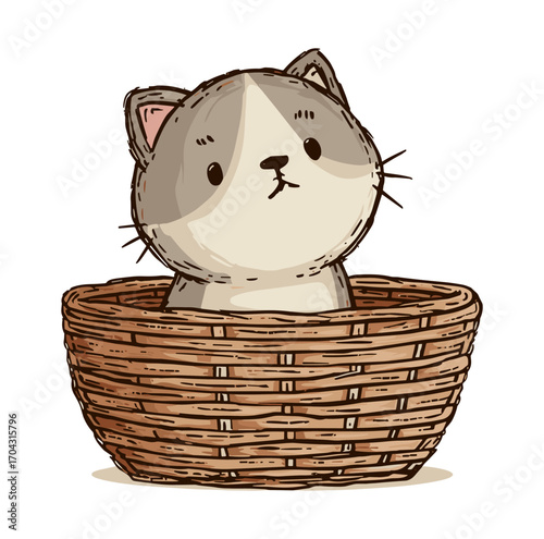 Hand-drawn vector illustration of a cute kitten sitting inside a wicker basket