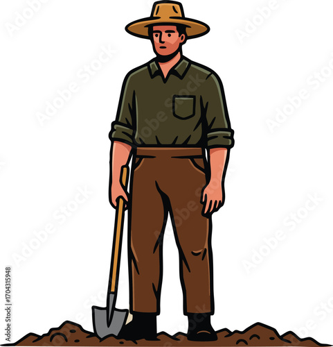 Farmer standing in soil with shovel wearing hat and casual work clothes vector illustration 