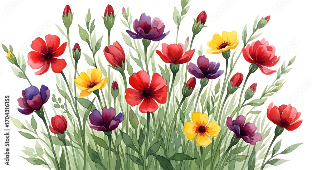 Fototapeta premium Vibrant Spring Flower Garden Watercolor — Lively Mix of Daffodils, Poppies, Tulips and Wildflowers with Lush Green Foliage for Greeting Cards, Botanical Prints and Floral Stationery