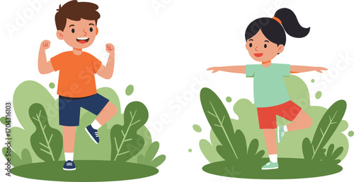 Happy cartoon boy and girl exercising outdoors, stretching and posing in nature, kids fitness, healthy lifestyle vector illustration
