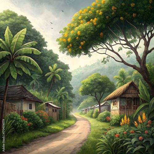 Traditional village house with garden surrounded by nature