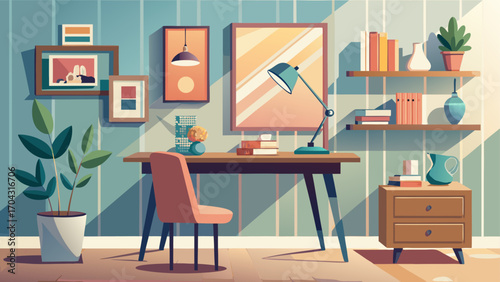 Stylish study nook with muted pastel walls, clean wooden desk, modern lamp, and a single framed photo, inviting calm concentration and refined taste.