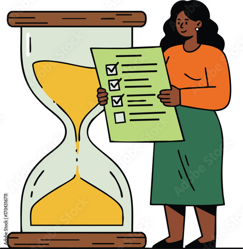 Woman holding checklist with large hourglass representing time management and task completion concepts vector illustration 
