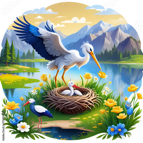 illustration of a bird in the nest near a lake, blue and yellow flowers meadow, nature wallpaper, sticker style design, heron on the river