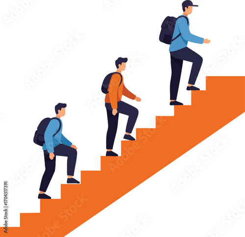 Three men climbing orange stairs with backpacks in casual outdoor activity vector illustration 