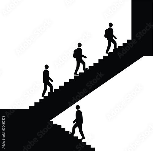 Human silhouettes walking up and down stairs in simple black vector illustration for concept design and presentation purposes