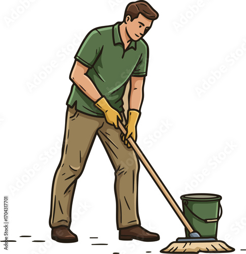 Man cleaning floor with mop and bucket simple vector illustration in casual clothes and gloves