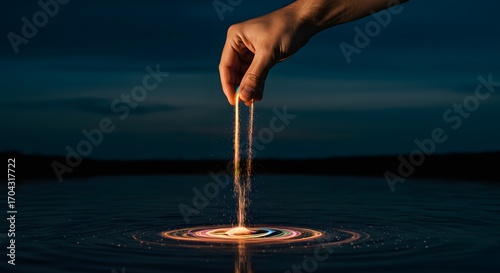 A male hand dropping glowing sand into water, symbol of cycles.