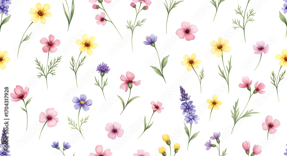 Obraz premium Wildflower Meadow Watercolor Pattern — Delicate Hand-Painted Sprigs of Lavender, Yellow Daisies and Pink Wildflowers Scattered on White for Botanical Fabrics, Wrapping Paper and Spring Stationery