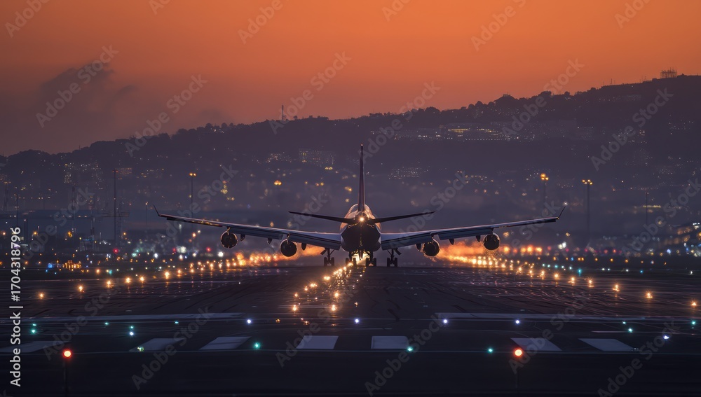 Fototapeta premium A large jetliner gracefully lands on a well-lit runway at twilight, with a cityscape stretching out behind it.