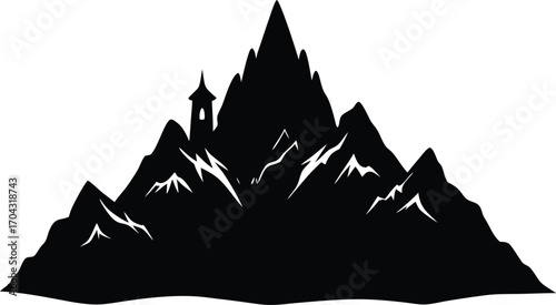 Silhouette of a Castle on a Mountain Peak in a Fantasy Landscape on white background