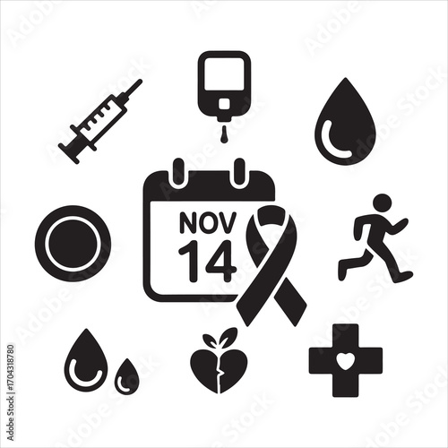 world diabetes day vactor art icon pack icon set bandle banner silhouette black and white backgrount