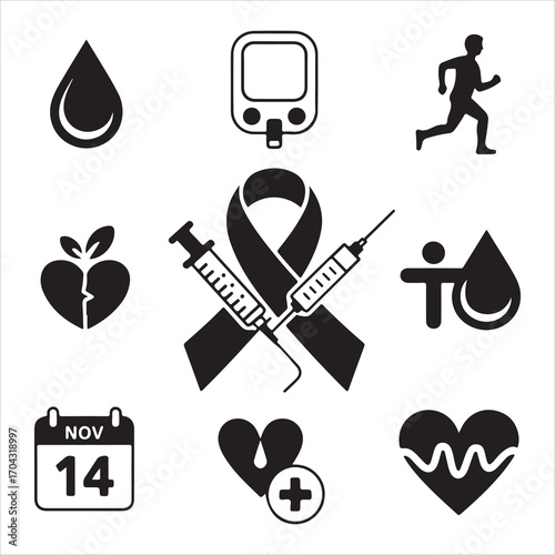 world diabetes day vactor art icon pack icon set bandle banner silhouette black and white backgrount